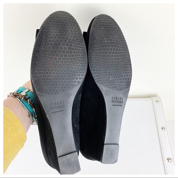 Stuart Weitzman Caring Black Suede Low Wedge Silver Ring Accent 8.5 - Picture 8 of 10